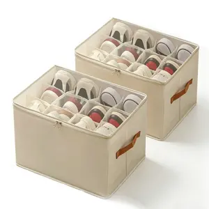 Closet Shoe Organizer Collapsible Fabric Shoe Storage Bin Clear Cover Adjustable Dividers Reinforced Handles
