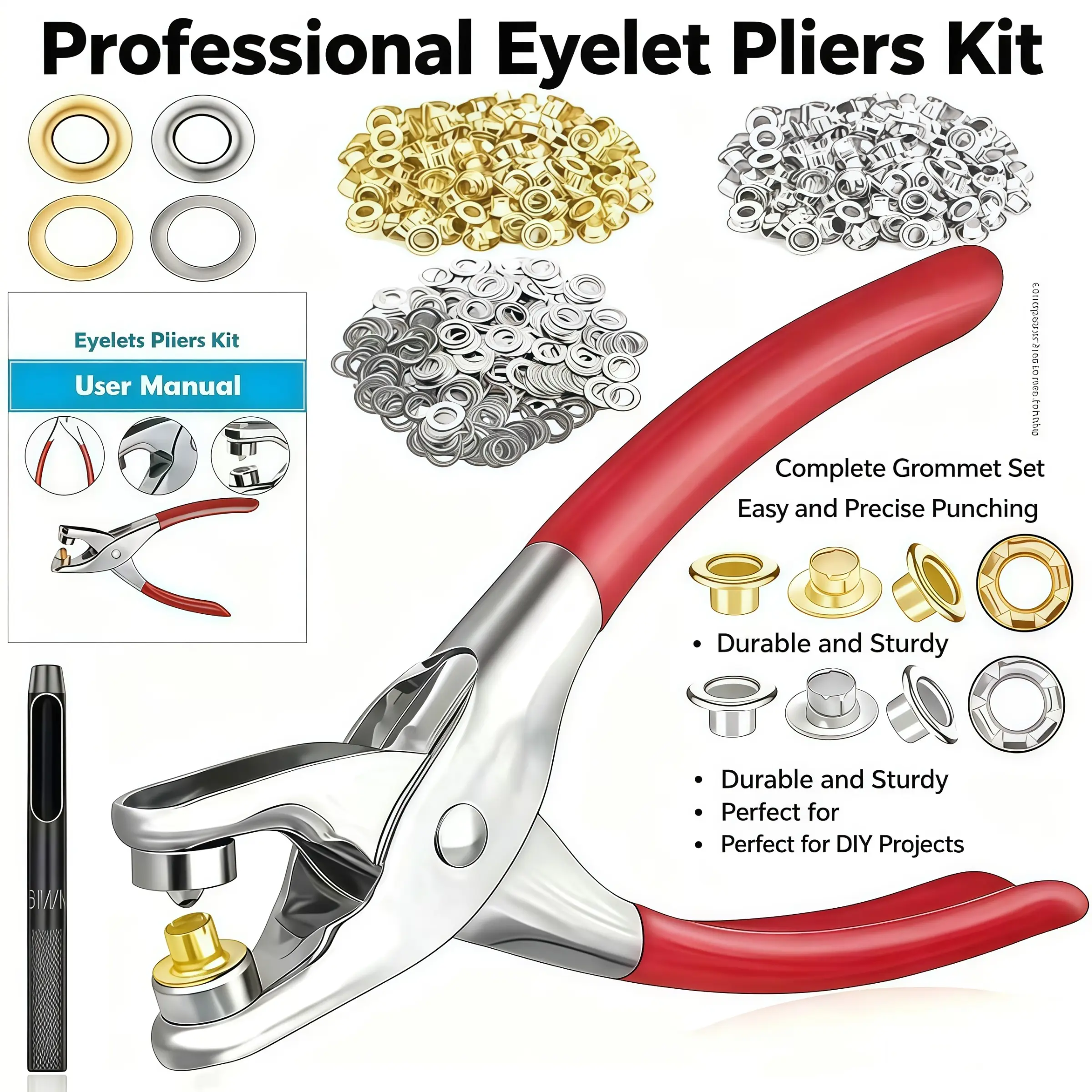 Eyelet Punch Pliers Kit, 1/4 Inch 6mm Metal Snap Fastener Tool, Hand Press Metal Eyelets Grommet Set for Leather, Belts, Shoes, Canvas DIY Crafts, DIY Projects