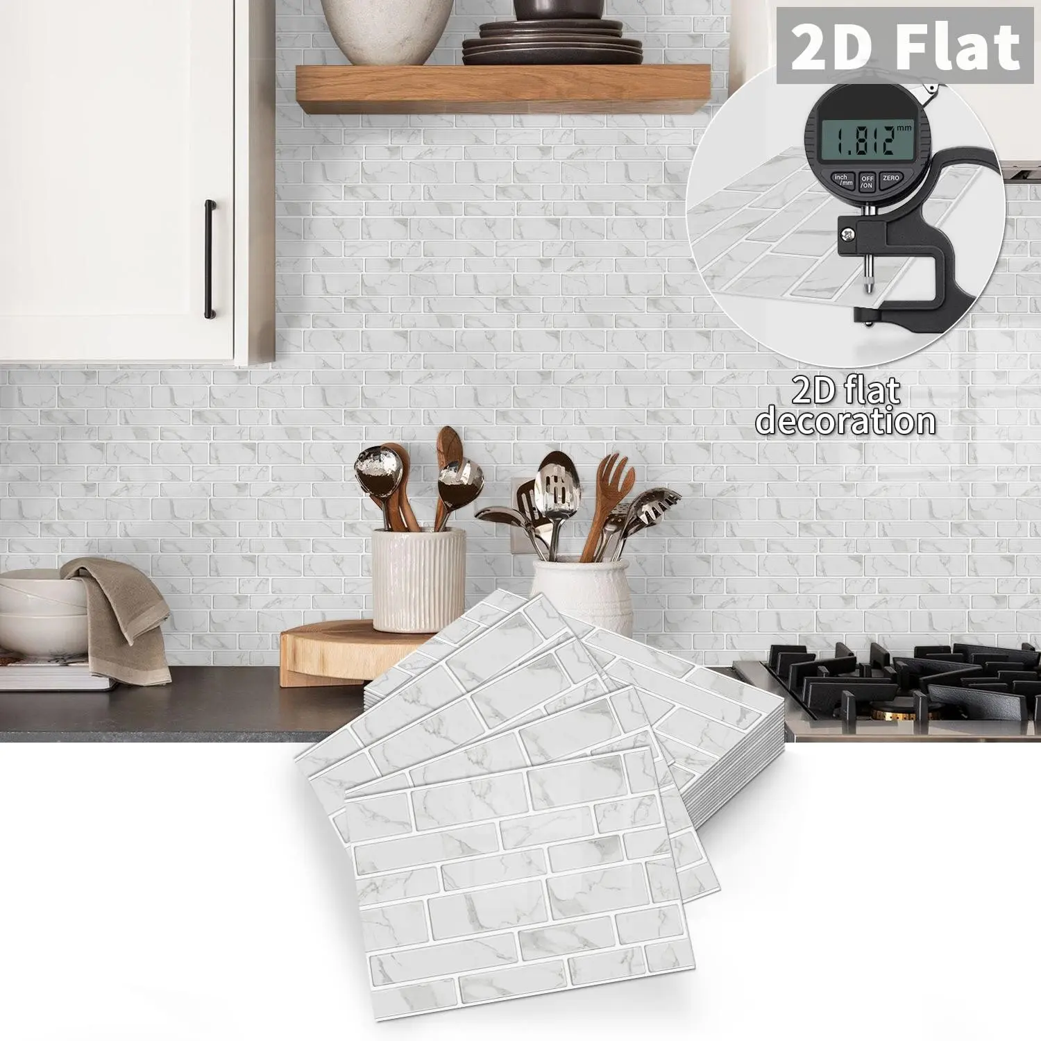 10 PCS/Box White Marble Subway Tile PE Crystal Foam Tile Stickers, Waterproof Oil-Proof Anti-Collision Wall Decor for Kitchen Bathroom