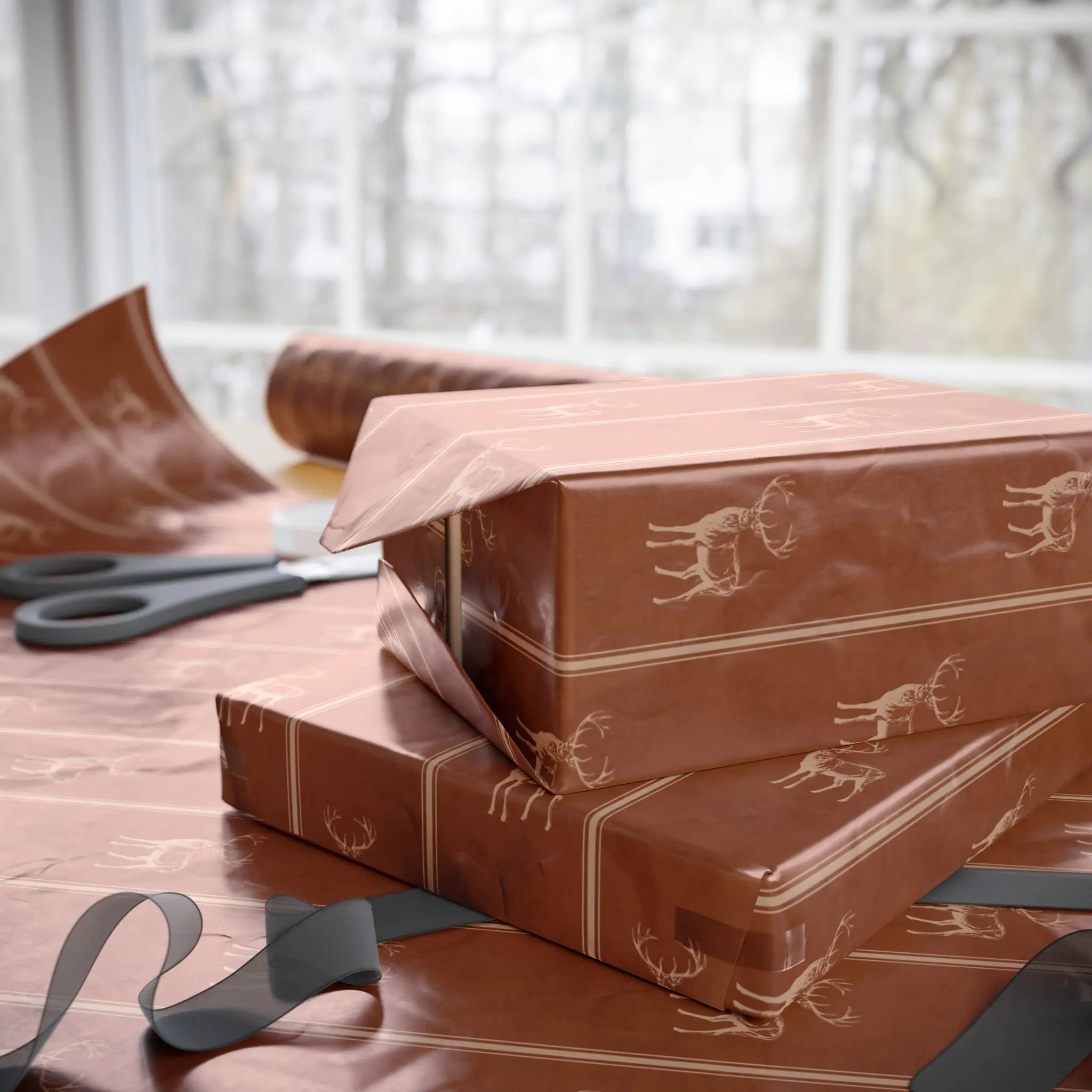 Rust Orange Vintage Deer Wrapping Paper, Gloss or Matte Finish Elegant Luxury Christmas Gift Wrap