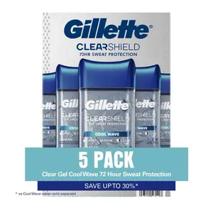 Gillette Cool Wave Men’s Deodorant Clear Gel Antiperspirant and Last long for 72 hours 3.8 oz., 5 packs Body Care Comfort Scent Cleanser