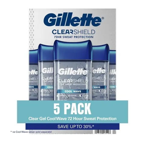 Gillette Cool Wave Men’s Deodorant Clear Gel Antiperspirant and Last long for 72 hours 3.8 oz., 5 packs Body Care Comfort Scent Cleanser