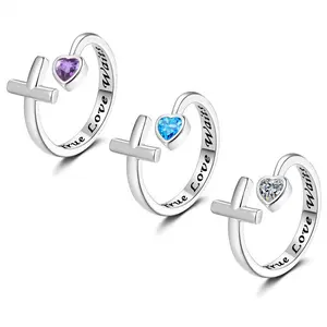 Veliora Gift Adjustable "True Love Waits" Promise Ring - Heart Shaped Cross Purity Ring with Blue Zircon Stones, Spiritual Gift for Her
