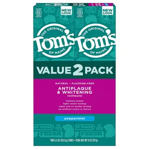Tom's of Maine Fluoride-Free Antiplaque & Whitening Natural Toothpaste, Peppermint, 5.5 oz. (Pack of 2)