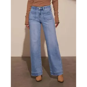 Women's Wear High-Waist Straight-Leg Denim Jeans - Slimming Vintage Style, Stretch Blend, Casual Retro Blue Long Pants with Classic Button Closure, Everyday Fashion | Glossy Finish Womenswear Bottom denim tears cute  sweat  pants Fit Polyester denim tears