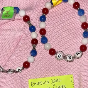 Emerald Jade Kyanite Malaysian Jade Stones Bracelet with Red White and Blue Beads and USA Charms Made by Hippy Dave