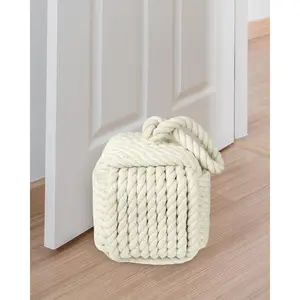 5.5 Lbs Weighted Decorative Door Stopper for Bottom of Door, Cute Door Stop for Heavy Duty Doors, Soft Rope Knot Doorstop for Nautical  Decor, Beige