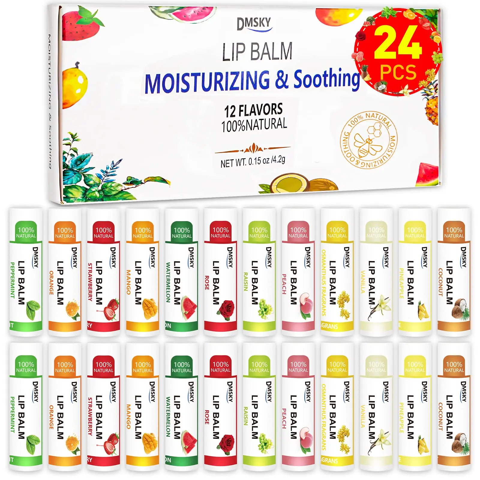 24 Pack Lip Balm, Natural Lip Balm Bulk with Vitamin E and Coconut Oil, Moisturizing Soothing Chapped Lips, Gifts for Women Stocking Stuffers Party Favors
