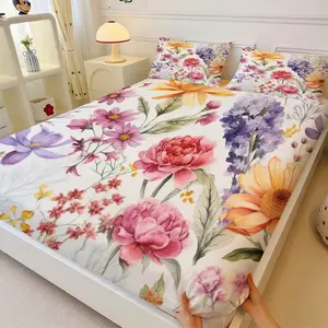 3-Piece Vintage Floral Fitted Sheet Set, Includes 2 Pillowcases, Non-Slip Mattress Protector, Durable Comfort, French Romantic Style, Gift Idea