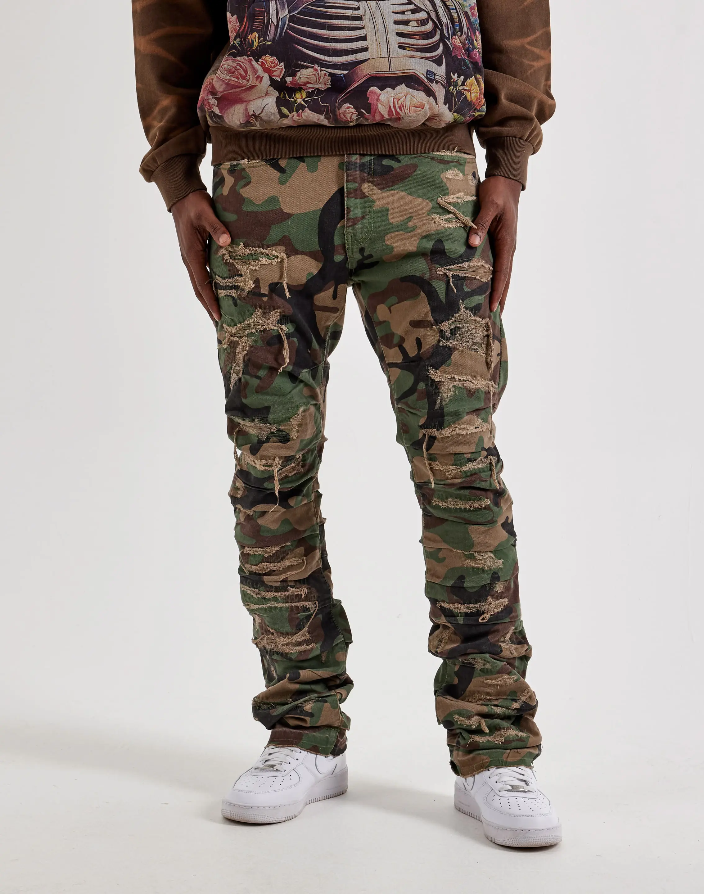 Mens Jordan Craig Distressed Camo Stacked Denim Jeans