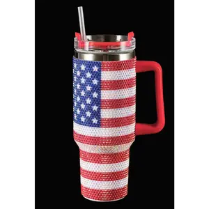 Red Rhinestone American Flag Print Handled 40oz Thermos Tumbler