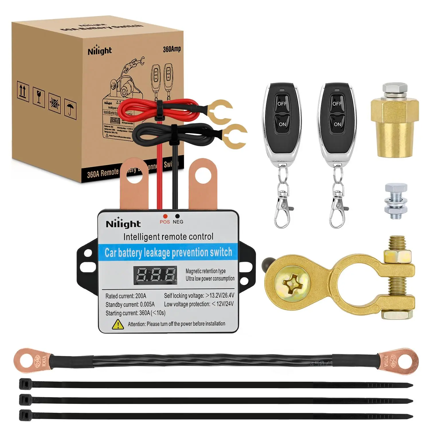 Nilight Heavy Duty Remote Battery Disconnect Switch - 12V-24V 360A Car Smart Anti-Theft Kill Switch with Wireless Remote Control Relay Fobs, LED Voltmeter Display, Pure Copper Core Power Drain Prevention for Auto, Truck, Vehicle Accessories