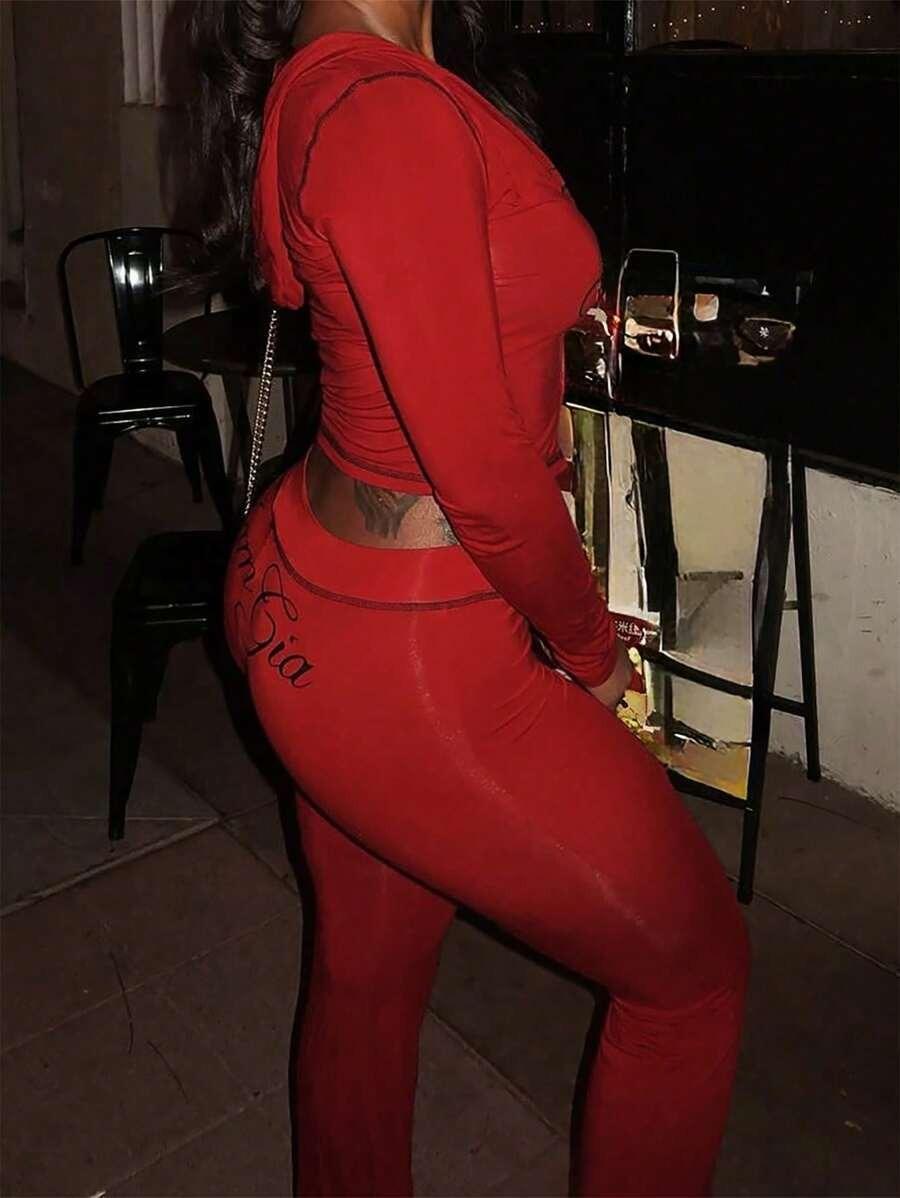 Gia Logo Y2K Two Piece Set Women – Zip Up Crop Top & High Waist Flare Pants, Slim Fit Streetwear Tracksuit, Perfect for Spring Break, Hot Girl Summer, Pool Parties & 2026 Spring Summer Outings, Medium Stretch Knit Fabric