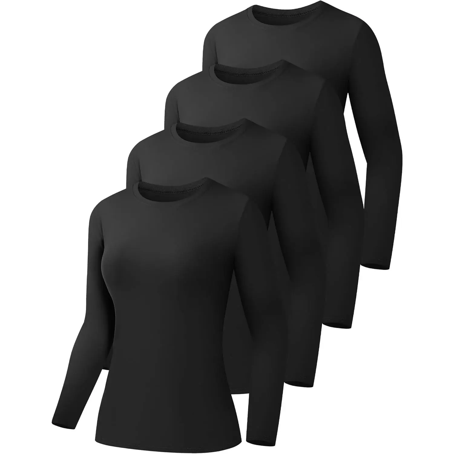 4 Pack Womens Long Sleeve Shirts Crew Neck Basic Compression Slim Fitted Workout Undershirts Baselayer Tops