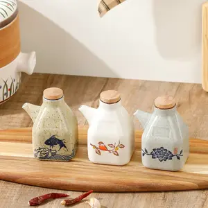 Retro Ceramic Oil & Sauce Bottle, Cute Animal & Floral Prints, Small Condiment Container, 350ML, Home Kitchen & Dining Essentials, Kitchen Oil Dispenser