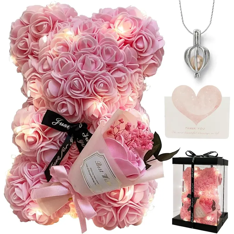 Romantic Valentines Day Gift for Her Rose Artificial Flower Rose Teddy Bear for Wife, Girlfriend Mother Daugther Women. Blind Box for Christmas Birthday Wedding Anniversary (Pink Bear)