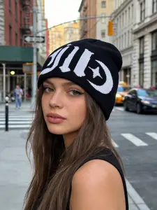Gothic Jacquard Knit Beanie Fitted for Men & Women - Bold Star & Letter Pattern, European & American Street Style, Warm Winter Cold Hat for Skate, Hip Hop & Everyday Wear
