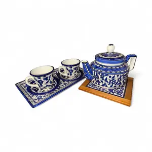Handmade Palestinian Ceramic Tea Set 2 cups Pot and Coaster – Blue & White Pottery Teapot with Cups and Trays