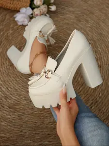 New Thick Sole Loafers for Women, British Style Fringe Metal Buckle Platform Slip-On Lazy Single Shoe, Casual PU Rubber Sole