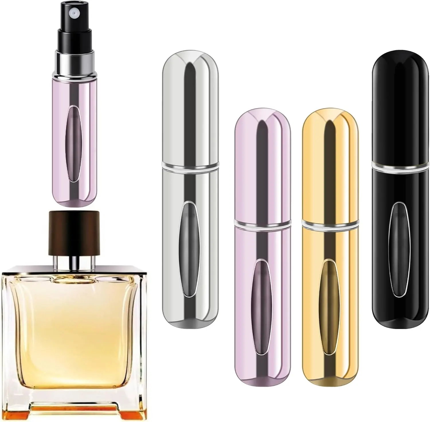 Refillable Perfume Portable Atomizer Bottle Refillable Perfume Spray, Travel Perfume (5ml, 4 Pack) (Silver, Pink, Gold, Black)
