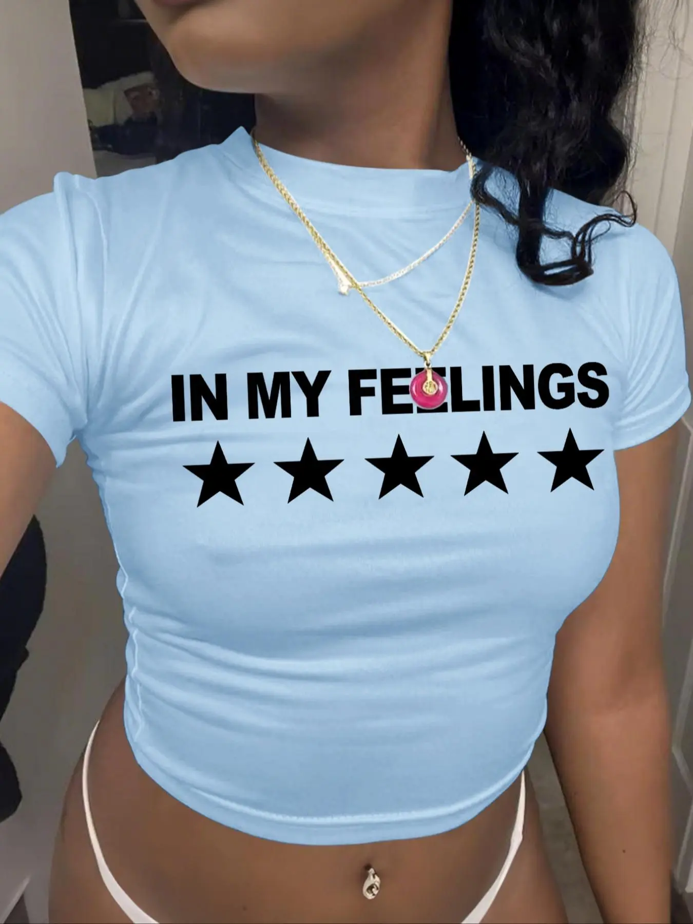 Women's Letter Print Round Neck Crop Tee, Casual Star Print Short Sleeve T-shirt for Daily Wear, Ladies Clothes for All Seasons, Top, Casual Fashionable Top