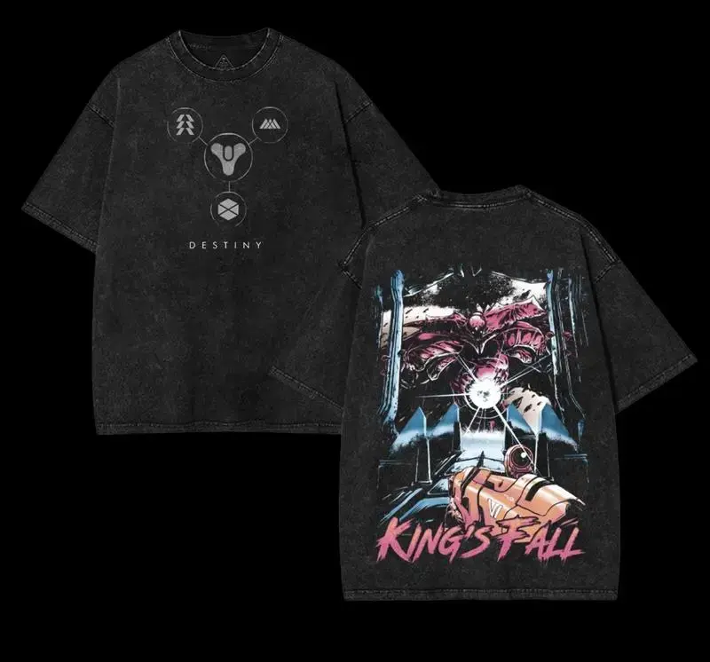 Vintage Graphic T-Shirt for Gamers, Unisex Destiny King's Fall Raid Boss Print, Soft Cotton Loose Baggy Fit, Relaxed Round Neck Short-Sleeve Top, Shortsleeve, Retro