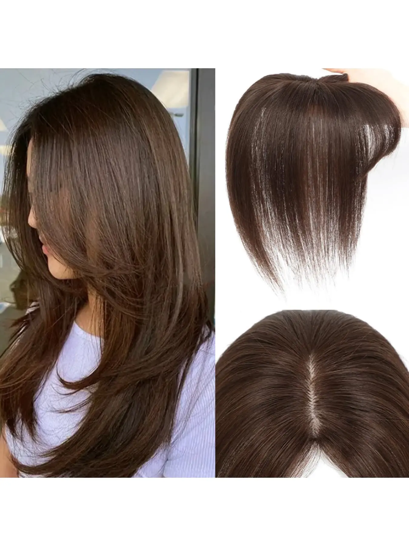 Women's 7x11 Human Hair Toppers, Real Hair Toppers, Toupee Human Hair, No Bangs Design, 360° Coverage, Thinning Straight Clips, Conceals Hair, Adds Volume