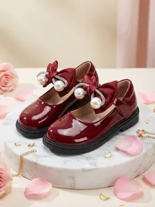 Girls' PU Leather Mary Jane Shoes, Pearl Bow Design, Easy Wear Velcro, Soft Sole Flat Shoes, Princess Style, All Seasons, Bowknot Design Flats