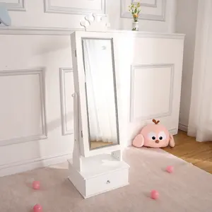 Kids Jewelry Armoire Cabinet | Crown Design | Full-Length LED Mirror | 3 Drawers | White / Light Pink / Pink / Purple | Freestanding Jewelry Storage Organizer