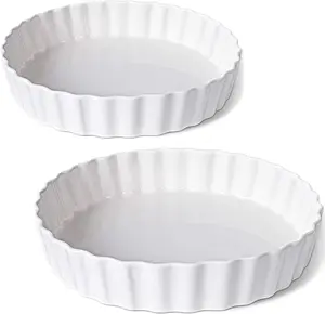 9.5 Inch Ceramic Tart Pan Set of 2 - Porcelain Quiche Baking Dish with Fluted Edge, Round Pie Pan for Chicken Pot Pie, Cheesecake, Creme Brulee - White Oven Safe Bakeware