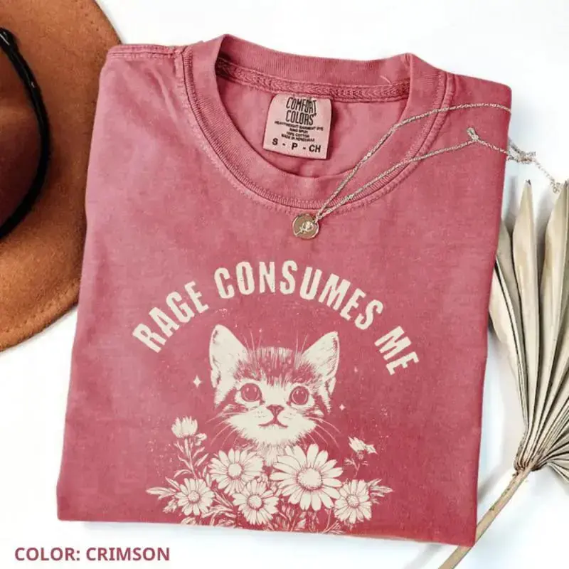 Comfort Colors Rage Consumes Me T-shirt featuring a cute cat meme, trendy and funny graphic tee, a favorite casual top for women who love humor.
