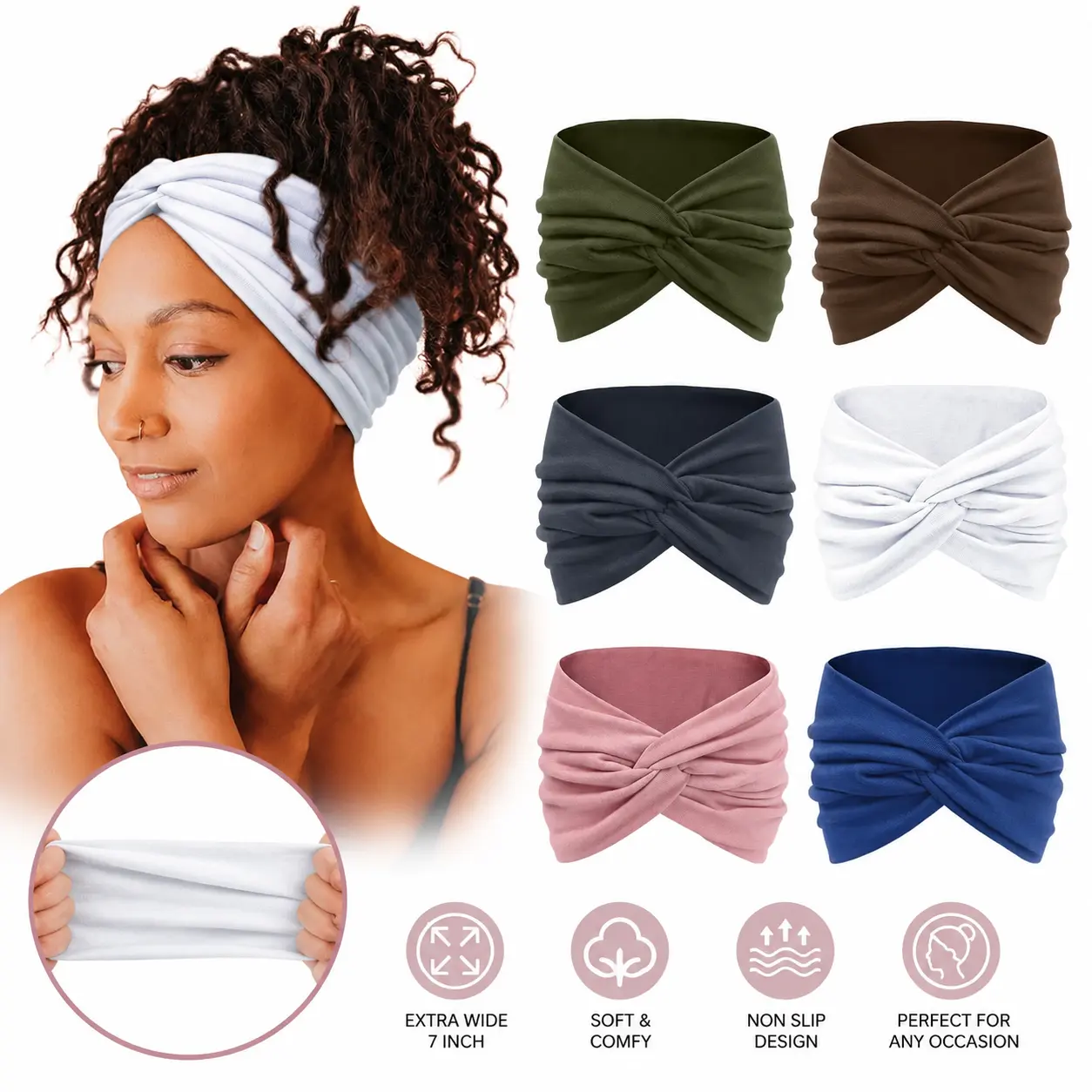 7'' Extra Wide Headbands for Women, Large Thick Turban Head Wrap Headband, Boho Bandana Head Bands for Women's Hair, Non Slip Workout Yoga Hairband Hair Accessories, 6 Pack