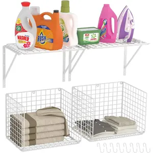 2 Pack Laundry Room Shelves Wall Mounted with Wire Baskets, Over the Washer and Dryer Shelf with Clothes Drying Rack, 8 Hooks，Wire Shelves Baskets for Laundry Closet Organization and Storage, White