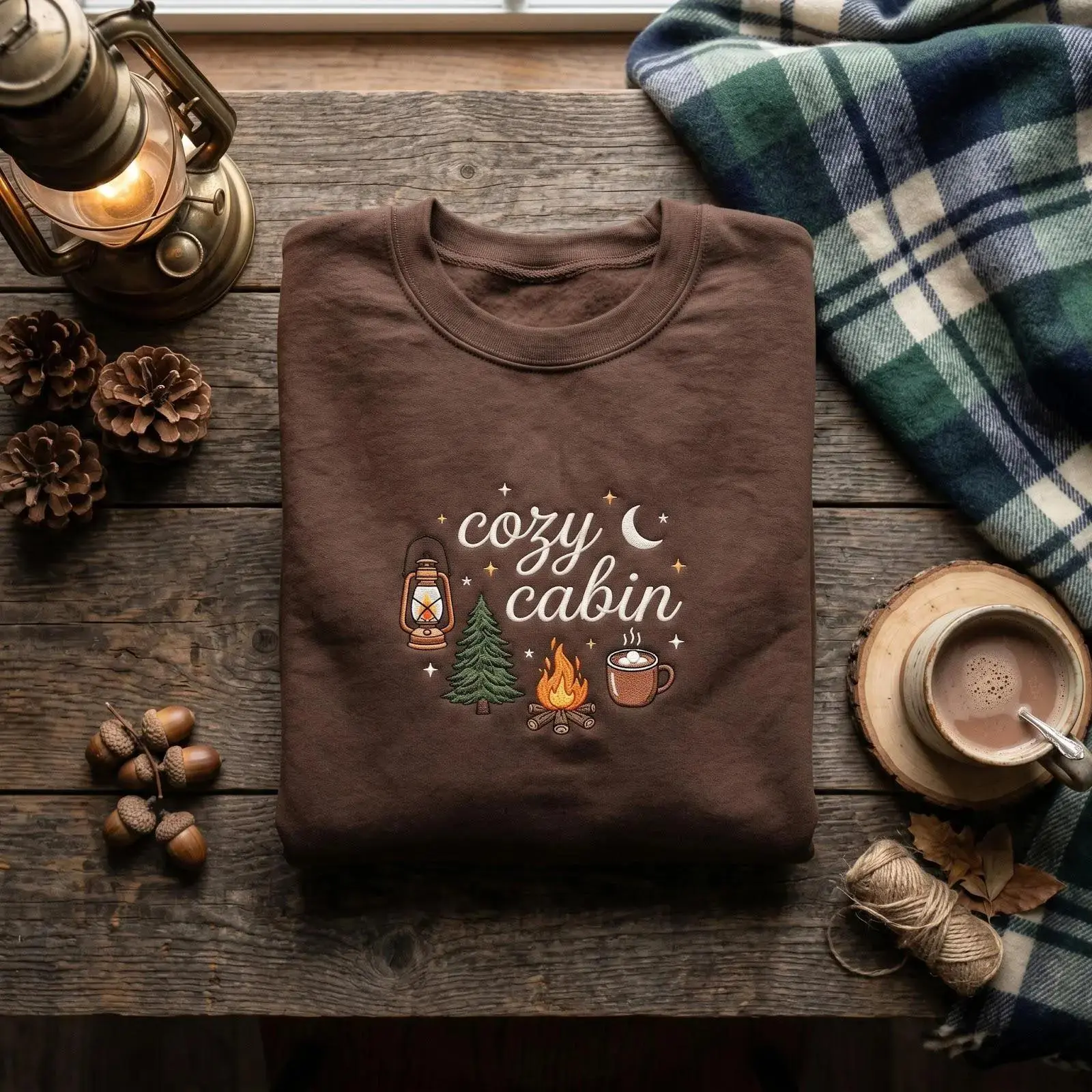 Cute Cozy Cabin Embroidered Crewneck, Campfire Night Sweatshirt, Winter Bonfire Hoodie, Mountain Camping Pullover, Wilderness Nature Gift