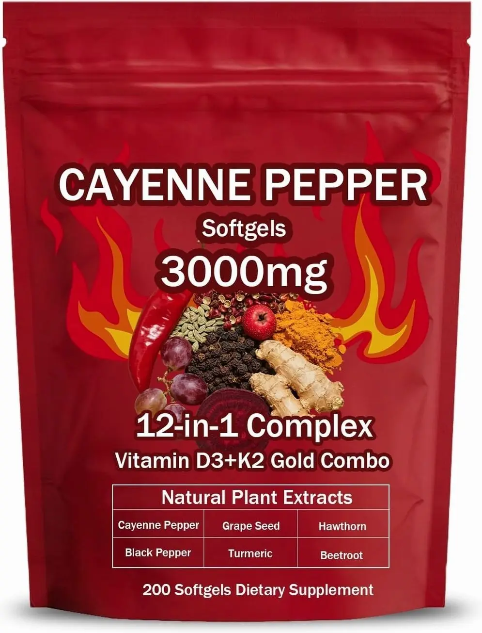 Cayenne Pepper Softgels Supplement, Supports Leg Vein, Heart and Blood Vessel Health, with Vitamin E D3+K2 and Extracts of Grape Seed, Hawthorn, Beetroot and Others (1)