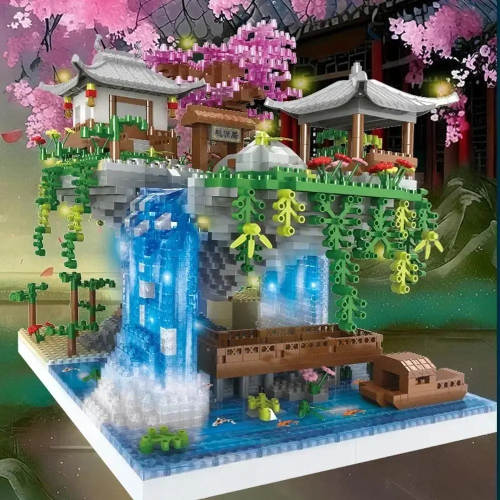 Mini Micro-Particle Building Blocks Set - Traditional Chinese Tree House Model with LED Light, Peach Blossom Pool Architecture Bricks, DIY Assembly Desktop Ornament Gift for Kids Collectors