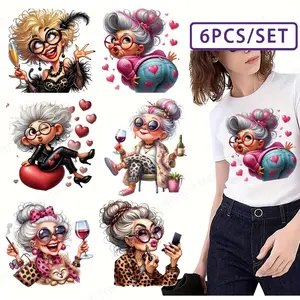 6-Piece Fun Grandma Iron-On Patches, Vibrant 3D Printed Vinyl Heat Transfer Stickers, Washable DIY Labels for T-Shirts & Denim
