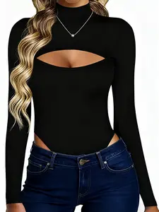 Women's Slim Fit, Fitted Long Sleeve Bodysuit with Thong High Neck Seamless Shapewear Jumpsuit, Stretch for Winter Layering Minimalist Basic Tops, Festival Outfit, Loungewear, Perfect for Everyday Wear & Workouts