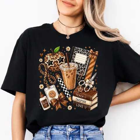 Women's Casual Cotton Round Neck Graphic T-Shirt - Lady's Everyday Tops, Cute Teach Inspire Love Design, Coffee Notebook School Supplies Theme, Back to School Teacher Gift
