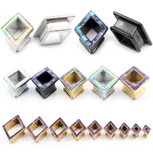 Alisouy 1PC Stainless Steel Rhombus Inlay S Opal Ear Tunnel Plugs Expanders Stretcher Gauges Earrings Piercing Body Jewelry