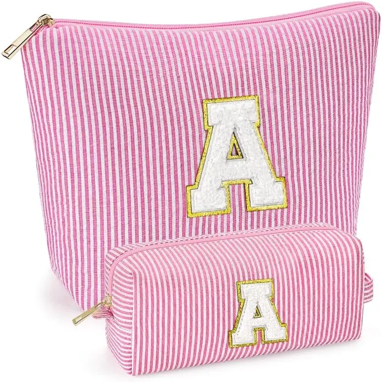 mibasies 2 PCS Initial Makeup Bags for Women: Cosmetic Bag for Travel Toiletry - Birthday Gifts for 11 12 13 14 15 16 17 18 Years Old Girl Graduation - Teen Girl Gifts Trendy Stuff - Pink A