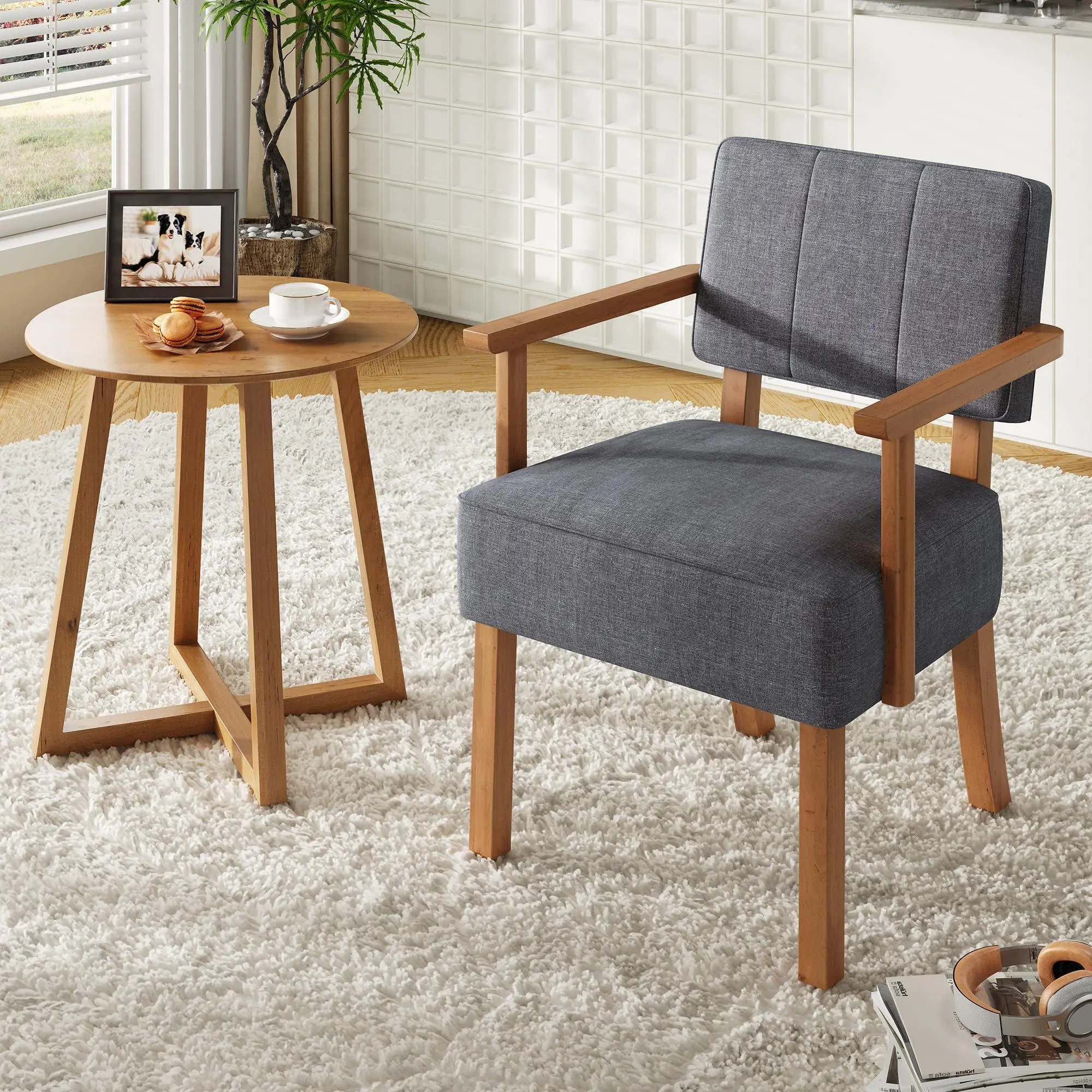 Linen Fabric Accent Chair, Mid-Century Modern Armchair with Classic Vertical Stripe, Reading Leisure Chair with Wood Frame for Living Room, Gray