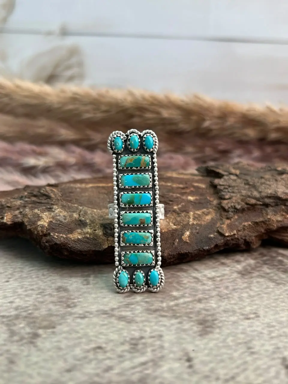 Handmade Sterling Silver Kingman Turquoise Adjustable Bar Ring Signed Nizhoni