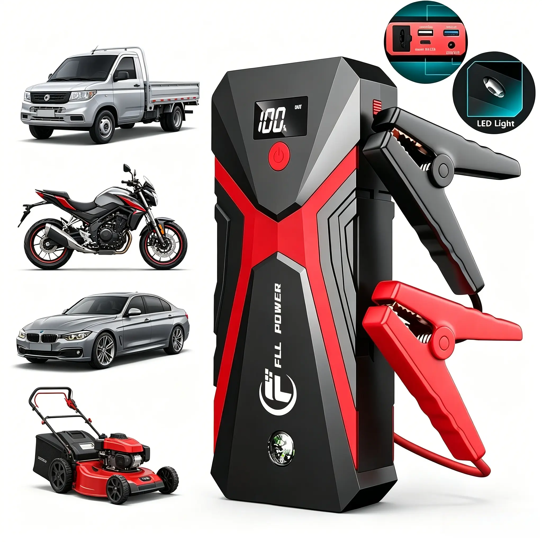 6-in-1 portable car battery jump starter with enhanced battery functions and USB input/output ports; reliable power supply for road emergencies; portable wireless car jump starter.