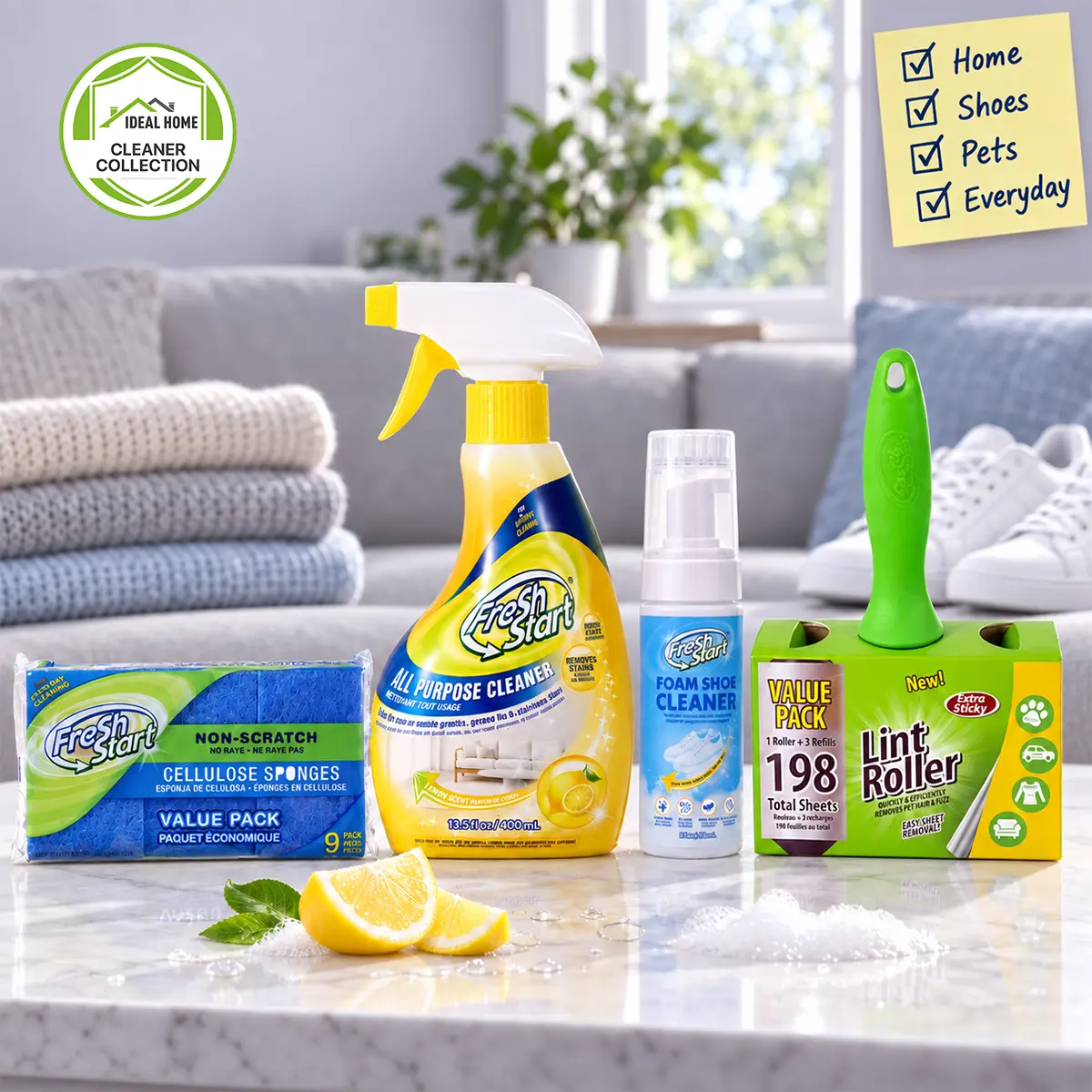 4-in-1 Everyday Cleaning Bundle | All Purpose Cleaner, Foam Shoe Cleaner, Lint Roller & Cellulose Sponges | Home, Shoes, Clothes & Pet Hair Cleaning Essentials