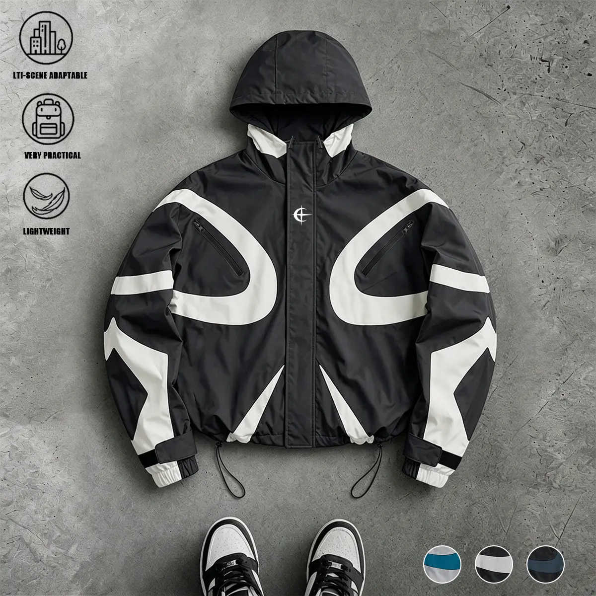 Y2K Futuristic Techwear Jacket | Grey & White Aesthetic Windbreaker SpringStatements featuring a zippered chest pocket design, adjustable drawstring hem, relaxed drop-shoulder short fit, windproof lightweight workwear jacket, American street-style cool me