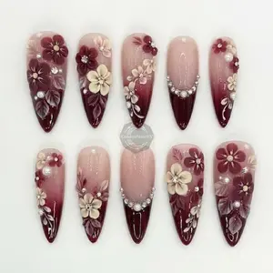 Burgundy Ombre 3D Flower Press on Nails | Pearl Crystal Bridal Fake Nails | Luxury Autumn Wedding Nail Art | Elegant Stiletto Gift Set