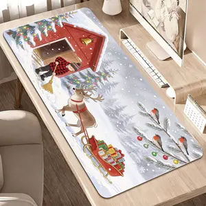 Premium Christmas Reindeer With Red Sleigh And Winter Cabin Scene High Quality Mouse Pad Modern Office Gaming Comfort Experience Non?Slip Durable For Daily Work And Play 40*80 Size.
