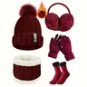 Adults' Unisex 5-Piece Complete Winter Sports Accessories Set - Solid Color Ribbed Knit Hats for Women, Plush Ear Muffs, 2-Pair Blue Thermal Socks, Touchscreen-Safe Gloves, for Winter Sports, All Seasons