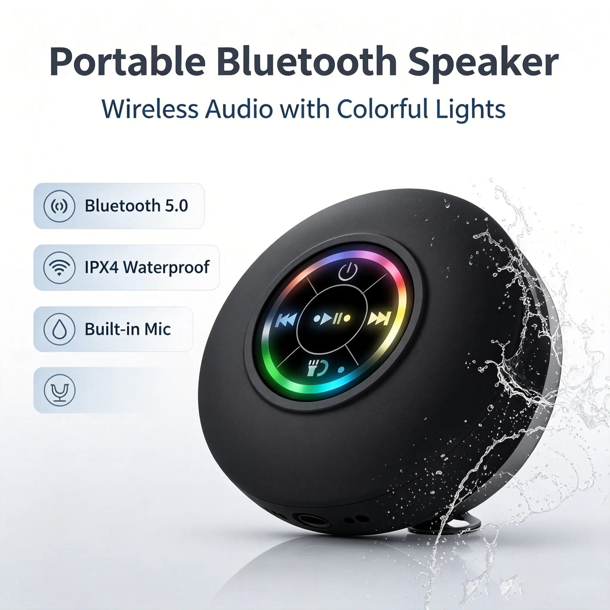 Portable Bluetooth Speaker with Colorful Lights, Bluetooth 5.0, IPX4 Waterproof Rating, Built-in Mic, Wireless Audio Playback